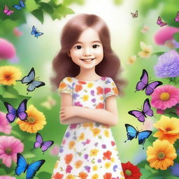 A charming and cheerful young girl with a bright smile, wearing a cute dress, standing in a beautiful garden filled with colorful flowers and butterflies