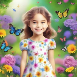 A charming and cheerful young girl with a bright smile, wearing a cute dress, standing in a beautiful garden filled with colorful flowers and butterflies