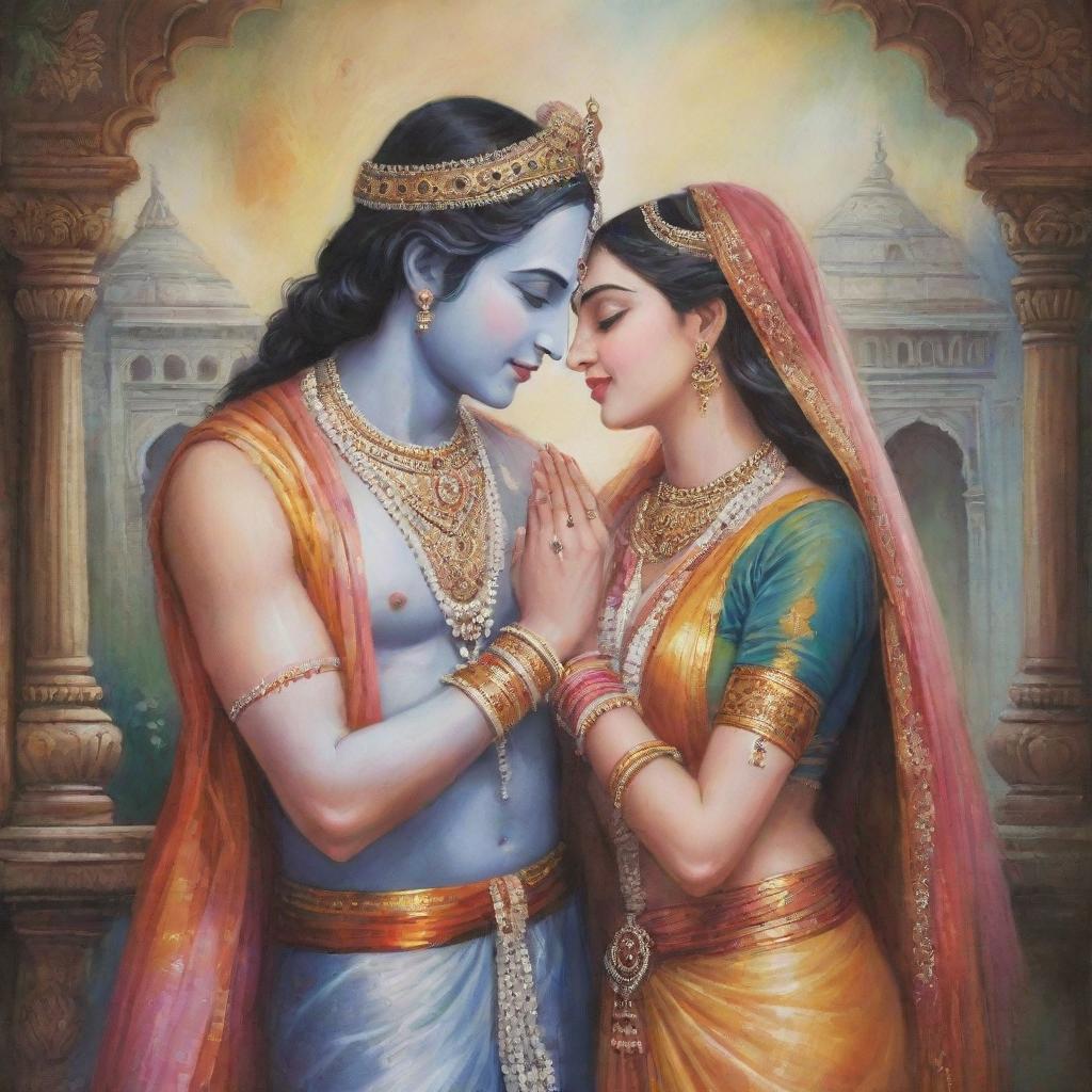 A heartwarming illustration of Radha and Krishna in traditional attire, sharing a moment of divine love amidst the serene beauty of Vrindavan.