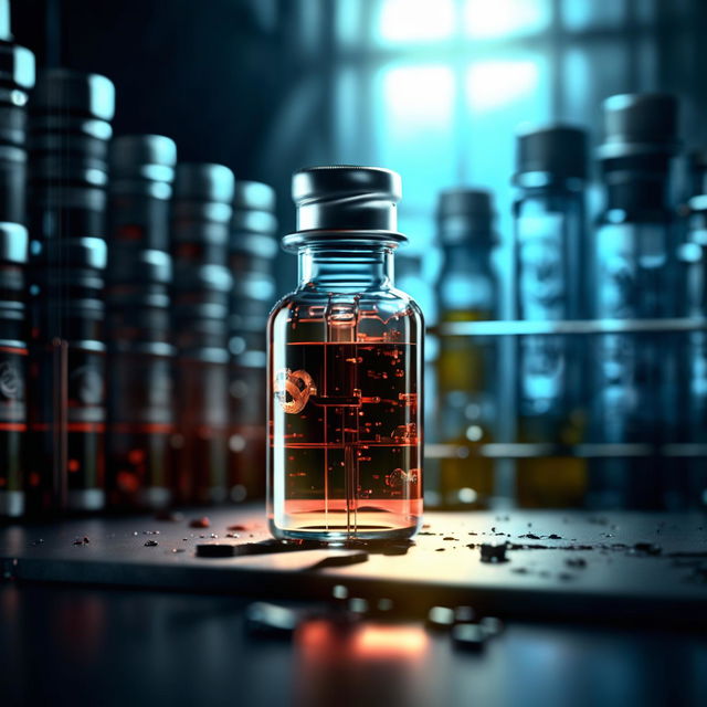 Create a cinematic movie poster featuring a close-up RX vial of oil with 'Idyllic Labs' branding, using dramatic lighting and a blurred lab background, in 32k photography