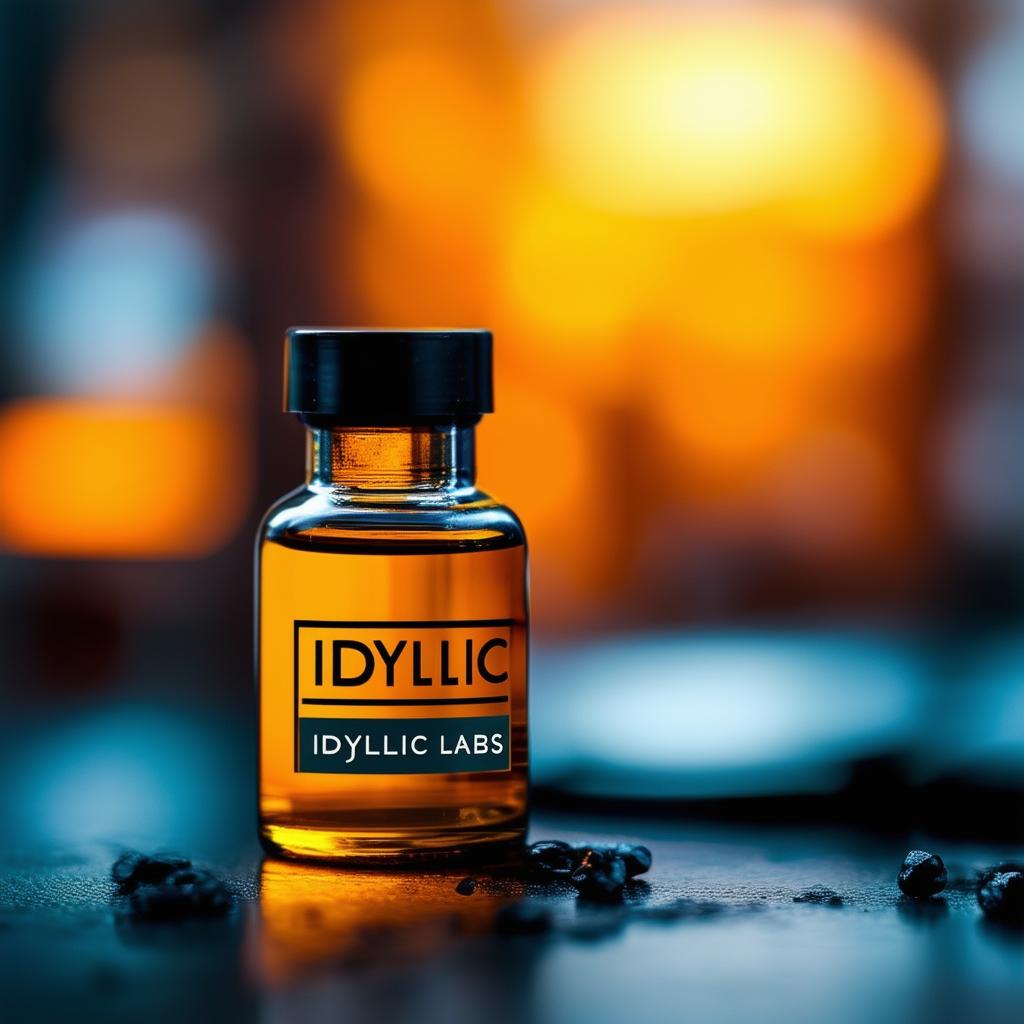 Design a cinematic book cover featuring a close-up RX vial of oil with 'Idyllic Labs' branding, using dramatic lighting and a blurred lab background, in 32k photography