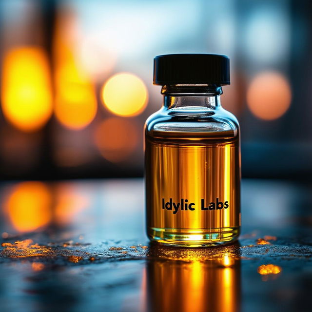 Create a cinematic book cover with a close-up RX vial of oil featuring 'Idyllic Labs' branding, dramatic lighting, a blurred lab background, and 32k photography