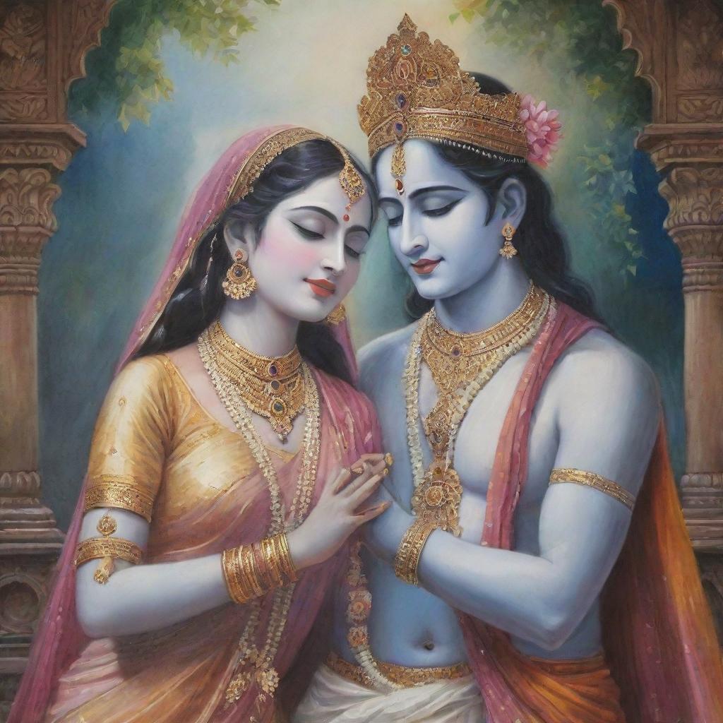 A heartwarming illustration of Radha and Krishna in traditional attire, sharing a moment of divine love amidst the serene beauty of Vrindavan.