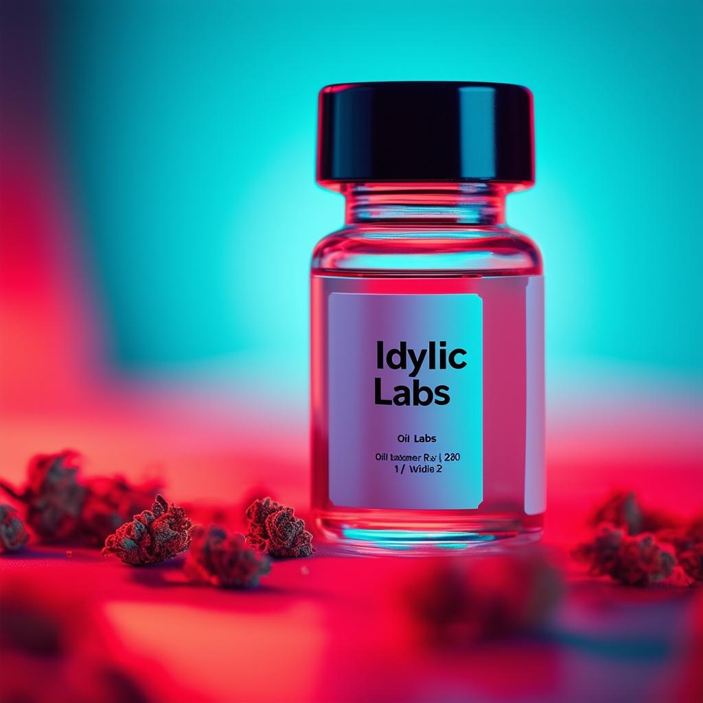 A cinematic book cover featuring a close-up RX vial of oil with 'Idyllic Labs' branding, in 32k photography and red pastel lighting