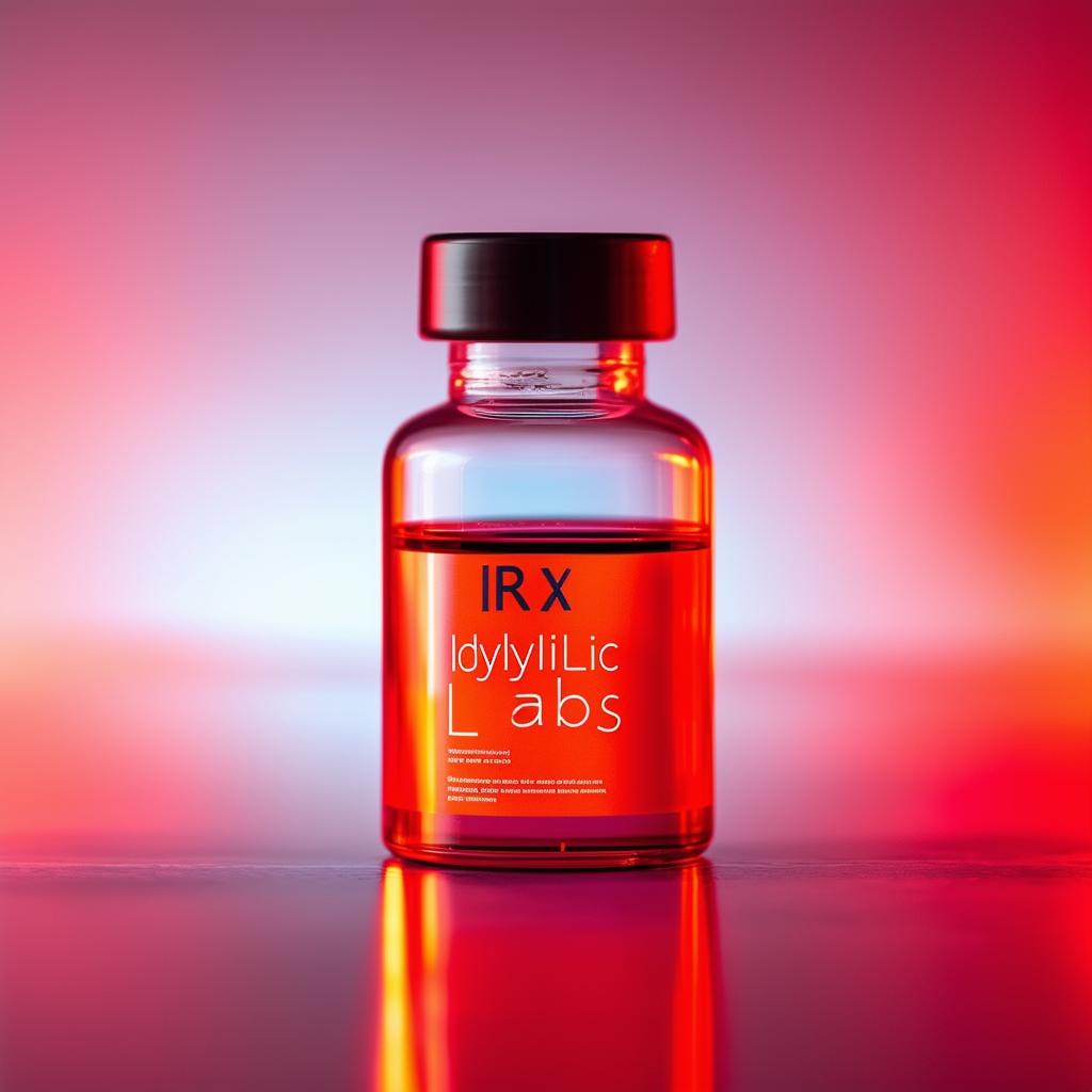 A cinematic book cover featuring a close-up RX vial of oil with 'Idyllic Labs' branding, in 32k photography and red pastel lighting