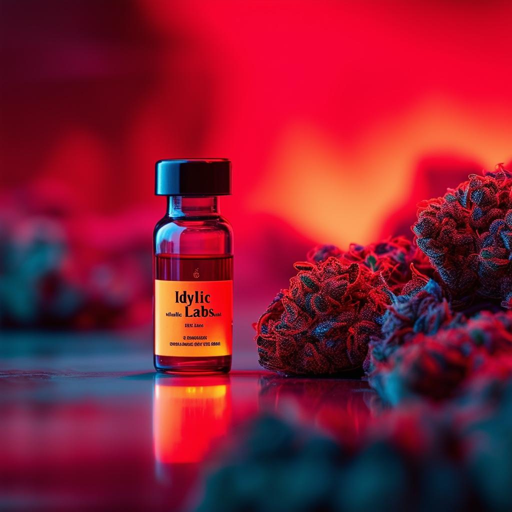 A cinematic book cover with a close-up RX vial of oil branded 'Idyllic Labs,' featuring 32k photography and red pastel lighting