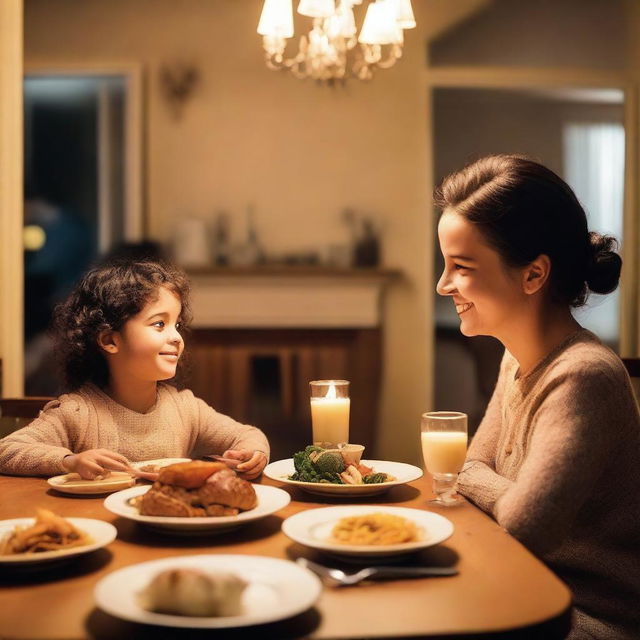 A young child is sitting at a dinner table, engaged in a lively conversation with their parents