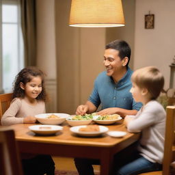 A young child is sitting at a dinner table, engaged in a lively conversation with their parents