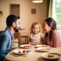 A young child is sitting at a dinner table, engaged in a lively conversation with their parents