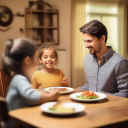 A young child is sitting at a dinner table, engaged in a lively conversation with their parents