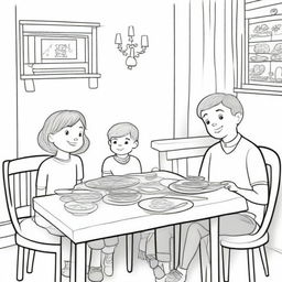 A drawing for children depicting an 8-year-old boy sitting at a dinner table, engaged in a lively conversation with his parents