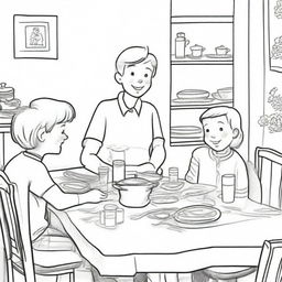 A drawing for children depicting an 8-year-old boy sitting at a dinner table, engaged in a lively conversation with his parents