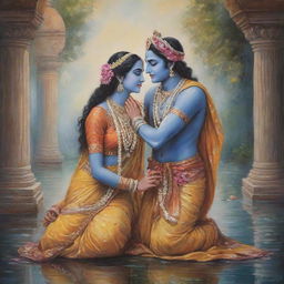 A heartwarming illustration of Radha and Krishna in traditional attire, sharing a moment of divine love amidst the serene beauty of Vrindavan.