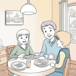 A drawing for children depicting an 8-year-old boy sitting at a dinner table, engaged in a lively conversation with his parents