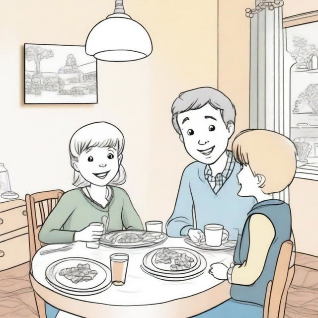 A drawing for children depicting an 8-year-old boy sitting at a dinner table, engaged in a lively conversation with his parents