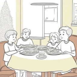 A drawing for children depicting an 8-year-old boy sitting at a dinner table, engaged in a lively conversation with his parents