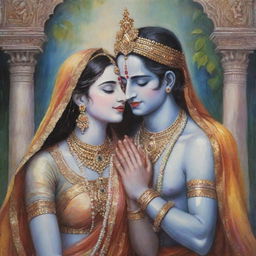 A heartwarming illustration of Radha and Krishna in traditional attire, sharing a moment of divine love amidst the serene beauty of Vrindavan.