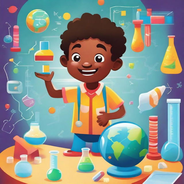 An illustration featuring Janjão, a curious young boy, exploring the world of science