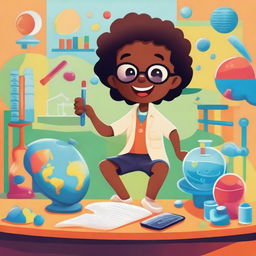 An illustration featuring Janjão, a curious young boy, exploring the world of science