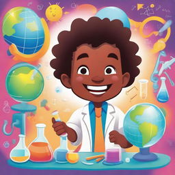 An illustration featuring Janjão, a curious young boy, exploring the world of science