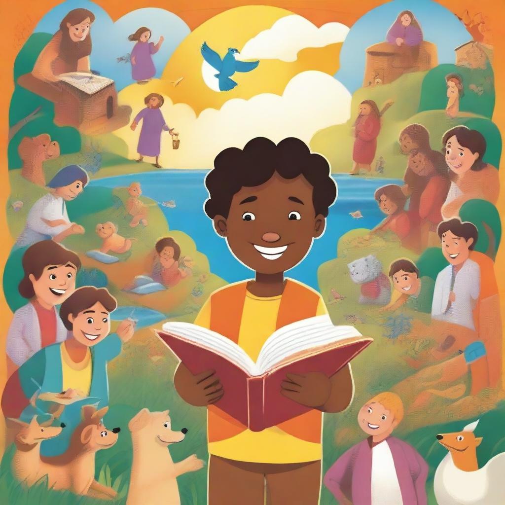 An illustration featuring Janjão, a curious young boy, exploring stories from the Bible