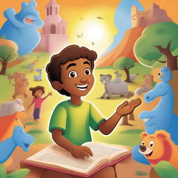 An illustration featuring Janjão, a curious young boy, exploring stories from the Bible