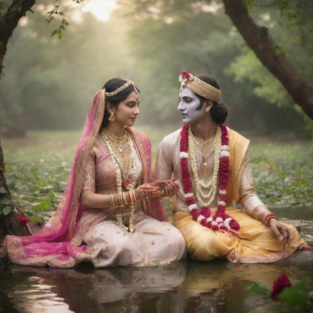 An enchanting image of Radha and Krishna immersed in a moment of divine love, adorned in traditional attire, set in the serene, lush surroundings of Vrindavan.