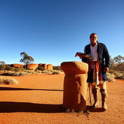 A man from Australia, standing in front of notable Australian landmarks, wearing traditional outback attire.