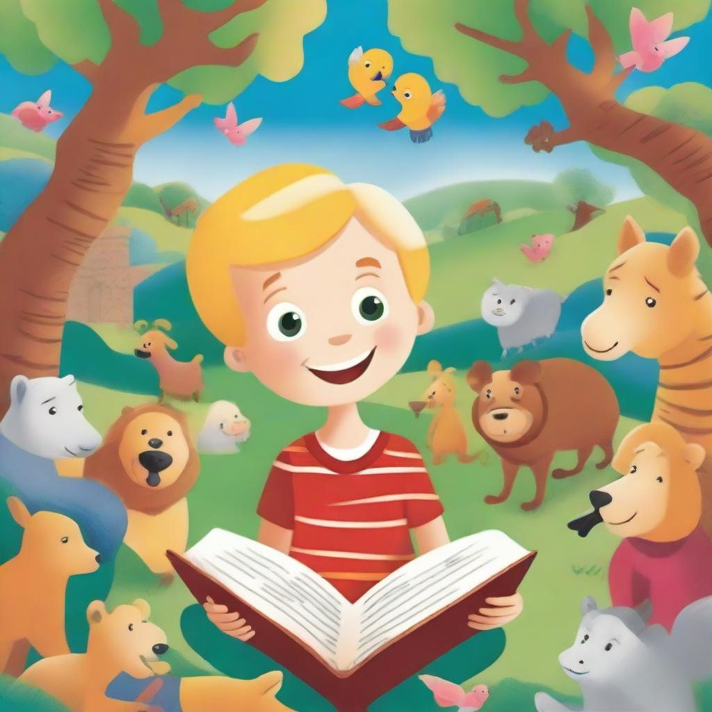 An illustration featuring Janjão, a curious young boy with blonde hair, exploring stories from the Bible