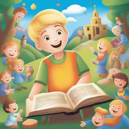 An illustration featuring Janjão, a curious young boy with blonde hair, exploring stories from the Bible