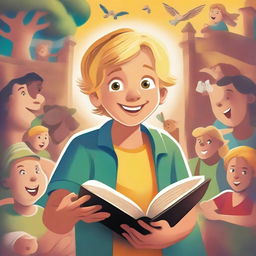 An illustration featuring Janjão, an 11-year-old curious boy with blonde hair, exploring stories from the Bible