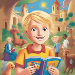 An illustration featuring Janjão, an 11-year-old curious boy with blonde hair, exploring stories from the Bible