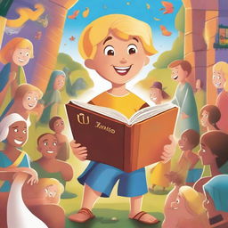 An illustration featuring Janjão, an 11-year-old curious boy with blonde hair, exploring stories from the Bible