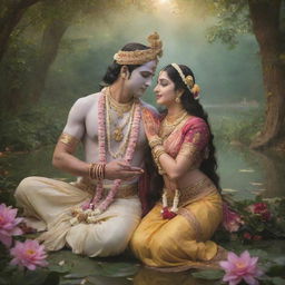 An enchanting image of Radha and Krishna immersed in a moment of divine love, adorned in traditional attire, set in the serene, lush surroundings of Vrindavan.