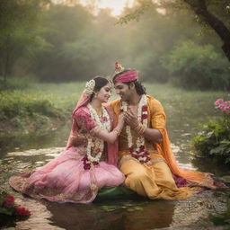 An enchanting image of Radha and Krishna immersed in a moment of divine love, adorned in traditional attire, set in the serene, lush surroundings of Vrindavan.