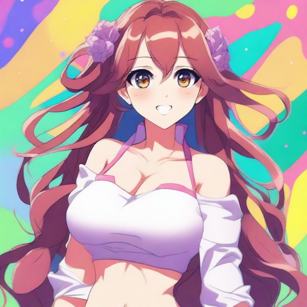 Create an image of an anime-style waifu with a voluptuous figure, featuring detailed and expressive eyes, flowing hair, and a charming smile