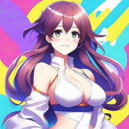 Create an image of an anime-style waifu with a voluptuous figure, featuring detailed and expressive eyes, flowing hair, and a charming smile