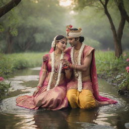 An enchanting image of Radha and Krishna immersed in a moment of divine love, adorned in traditional attire, set in the serene, lush surroundings of Vrindavan.