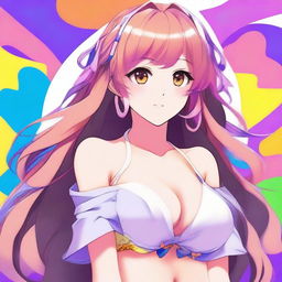 Create an image of an anime-style waifu with a voluptuous figure, featuring detailed and expressive eyes, flowing hair, and a charming smile