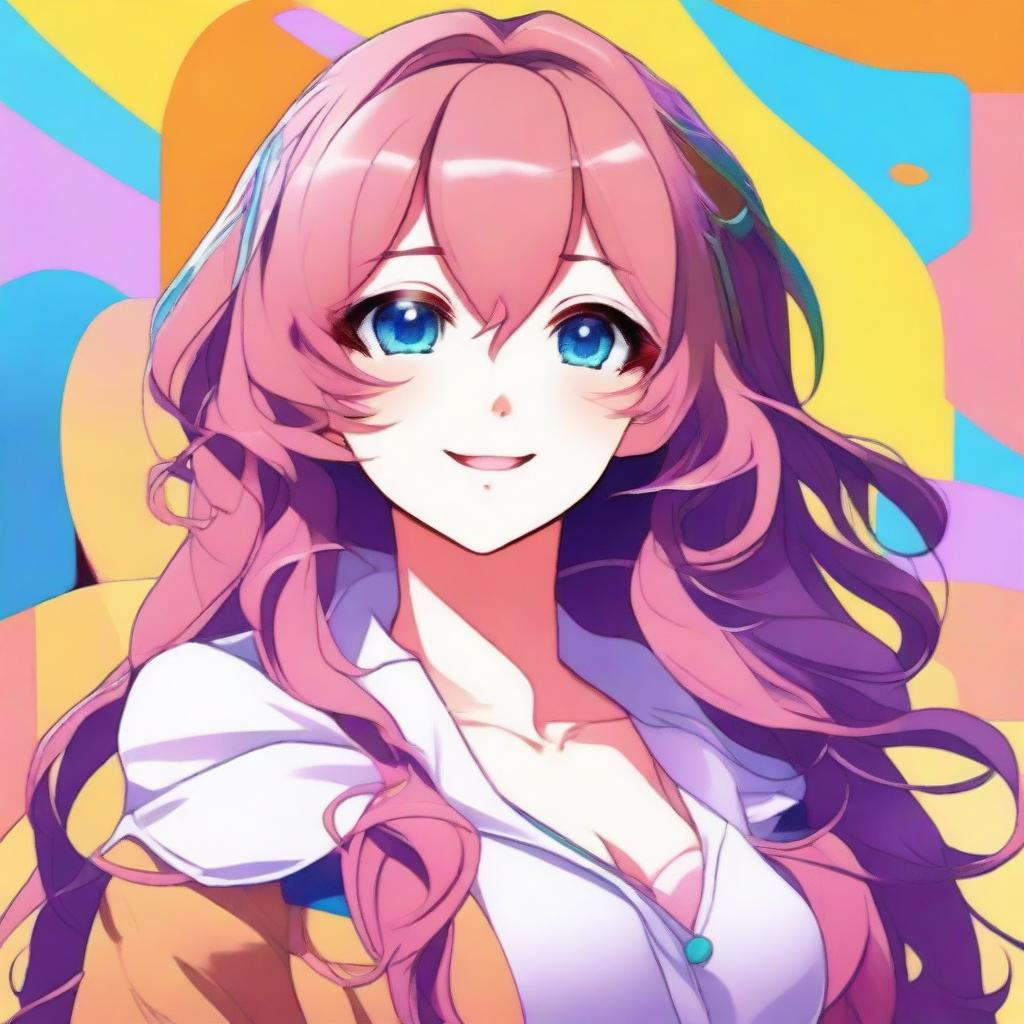 Create an image of an anime-style waifu with a voluptuous figure, featuring detailed and expressive eyes, flowing hair, and a charming smile