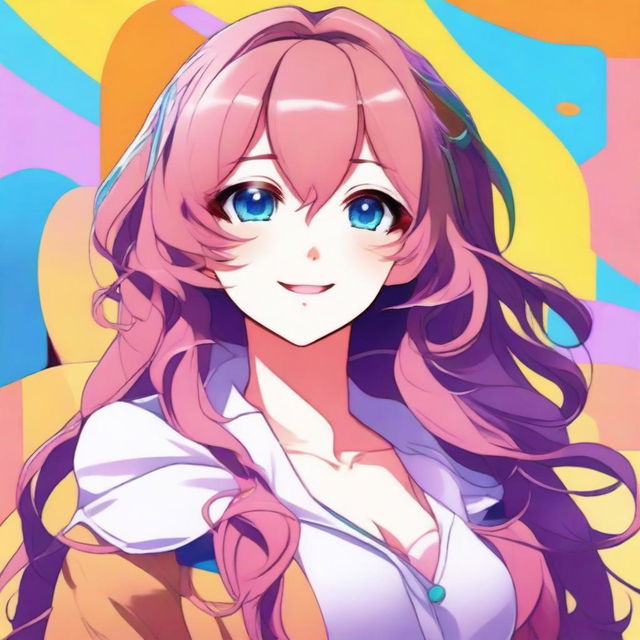 Create an image of an anime-style waifu with a voluptuous figure, featuring detailed and expressive eyes, flowing hair, and a charming smile