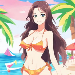 Create an image of an anime-style waifu wearing a stylish bikini