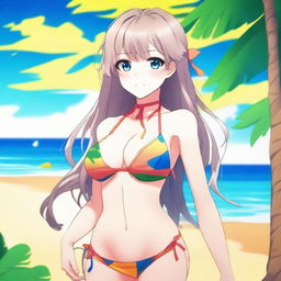 Create an image of an anime-style waifu wearing a stylish bikini