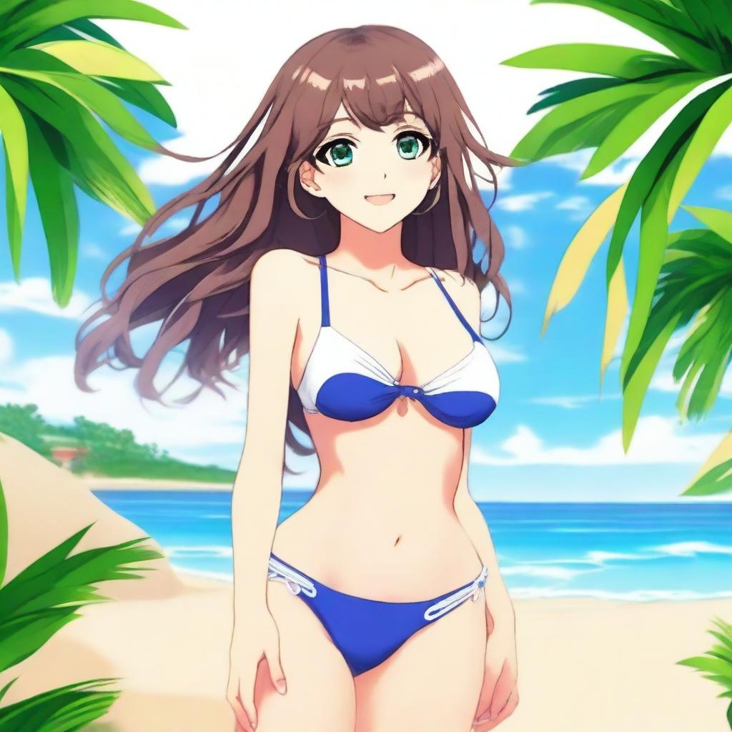 Create an image of an anime-style waifu wearing a stylish bikini