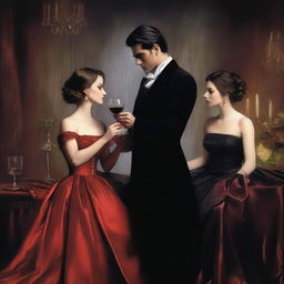 A dark romance themed cover featuring a man and two women