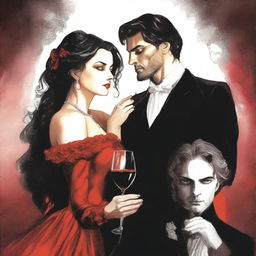 A dark romance themed cover featuring a man and two women