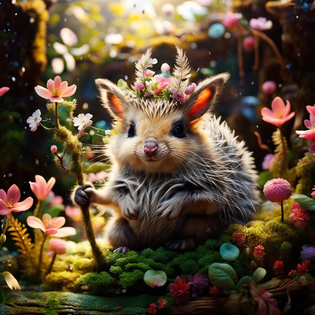 Create an image of a very cute wild animal with a horn, combining features of various adorable creatures in a magical forest setting