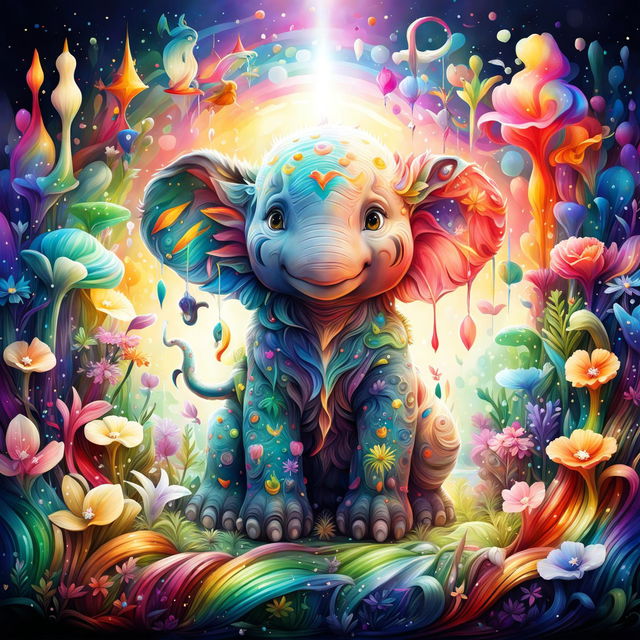 Create a very cute and nice animal combining traits of various adorable animals in a whimsical, colorful, and magical setting with rainbows, stars, and cosmic elements