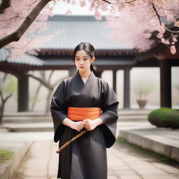 A young woman who is a monk with black hair tied into a topknot and olive brown skin