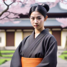 A young woman who is a monk with black hair tied into a topknot and olive brown skin